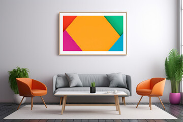 A high-definition snapshot showcasing an office interior with a blank white empty frame, minimalistic decor, mockup features, and a striking combination of simple, colorful details.