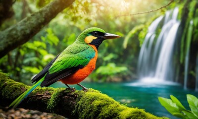 Fototapeta premium Waterfall river stream in green nature forest landscape, amazing nature