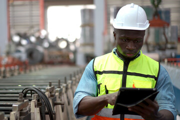  Mechanical engineer working on heavy machine in factory.