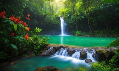 Fototapeta na wymiar Waterfall river stream in green nature forest landscape, amazing nature