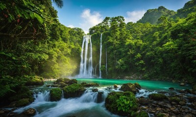 Waterfall river stream in green nature forest landscape, amazing nature