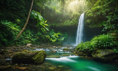 Waterfall river stream in green nature forest landscape, amazing nature