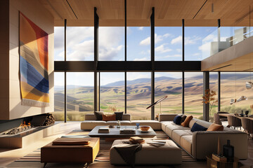Living room boasting a sleek fireplace, large windows framing a stunning valley panorama