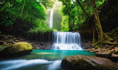Waterfall river stream in green nature forest landscape, amazing nature