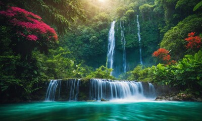 Panoramic photo landscape / Waterfall hidden in the tropical jungle, amazing nature