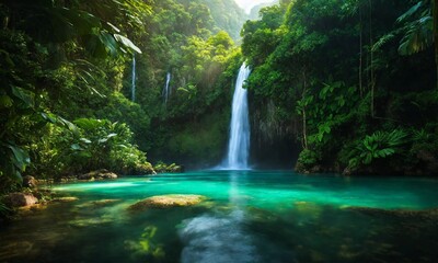 Fototapeta na wymiar Panoramic photo landscape / Waterfall hidden in the tropical jungle, amazing nature