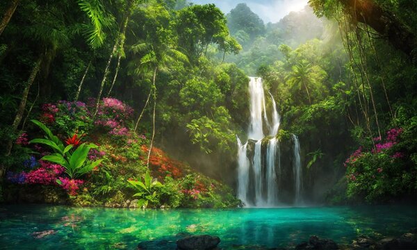 Panoramic photo landscape / Waterfall hidden in the tropical jungle, amazing nature