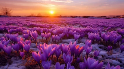 Foto op Plexiglas landscape view of sunrise in a crocus field © kucret