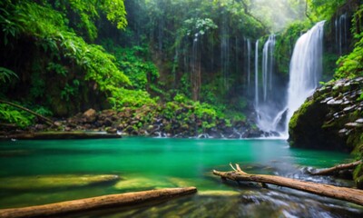 Fototapeta premium Panoramic photo landscape / Waterfall hidden in the tropical jungle, amazing nature