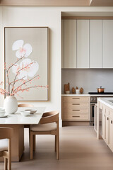 Fototapeta na wymiar A kitchen with a serene, neutral palette enlivened by a single bright, abstract painting on the wall.