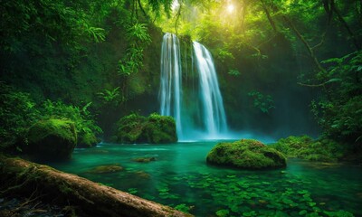 Fototapeta na wymiar Panoramic photo landscape / Waterfall hidden in the tropical jungle, amazing nature