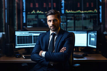 Successful Businessman Working in Office, Analyzing Stock Market Growth on Computer Screen