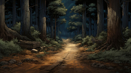  a dirt road in the middle of a forest