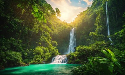 Panoramic photo landscape / Waterfall hidden in the tropical jungle, amazing nature