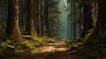  a dirt road in the middle of a forest - Powered by Adobe