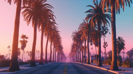Tall, slender palm trees line the streets, their pixelated fronds swaying gently in the nice breeze - obrazy, fototapety, plakaty