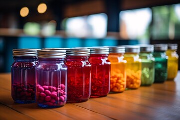 a row of jars filled with different colored objects - obrazy, fototapety, plakaty