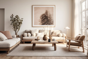 A bright living room with white walls, adorned with Scandinavian-inspired artwork and furniture in muted tones, creating a serene and inviting atmosphere.