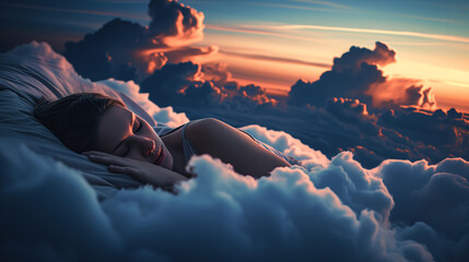 woman sleeping peacefully on soft clouds in the sky
