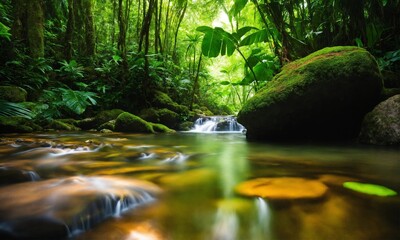 Jungle landscape with flowing turquoise water, amazing nature