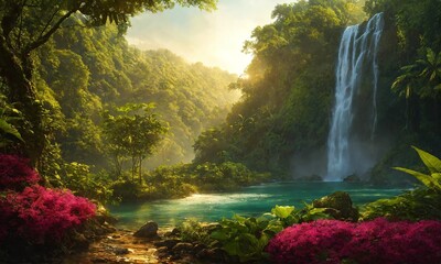 Fototapeta na wymiar Beautiful mountain rainforest waterfall with fast flowing water and rocks, amazing nature