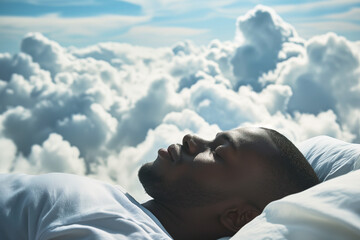 black man sleeping peacefully on soft clouds in the sky
