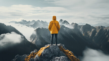  A person in a yellow jacket_standing on top - obrazy, fototapety, plakaty