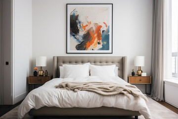 A burst of color in a modern bedroom, a simple empty frame adding contrast against a backdrop of monochromatic elegance.