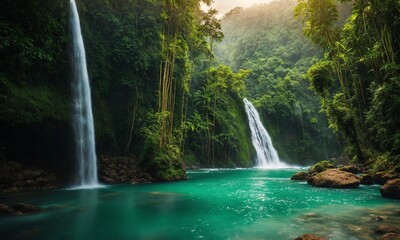 Fototapeta na wymiar Beautiful mountain rainforest waterfall with fast flowing water and rocks, amazing nature