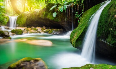 Beautiful mountain rainforest waterfall with fast flowing water and rocks, amazing nature