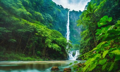 Beautiful mountain rainforest waterfall with fast flowing water and rocks, amazing nature