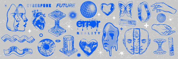 Retro futuristic object set, vector y2k cyberpunk sticker kit, brutalism shape collection, globe. Techno cyber acid tattoo, grunge texture halftone geometric forms, heart, human face. Retro futuristic - obrazy, fototapety, plakaty