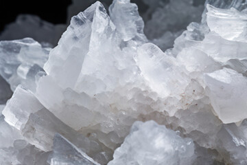 Glistening Crystal Quartz: A Raw Gemstone of Nature's Healing Energy, Captivating with its Abstract Transparent Design, Resting on a Cold Black Stone Background.