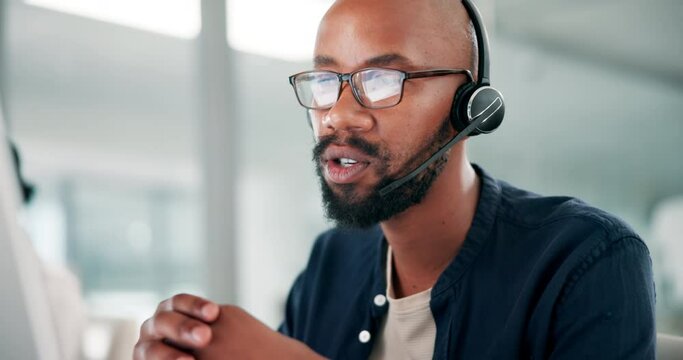 Call center, businessman and consulting with communication and telemarketing for customer service or headset. Consultant, black man or helpdesk operator with discussion, microphone or support at work