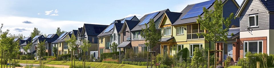 Fototapeta na wymiar New beautiful suburban houses with solar panels on the roof