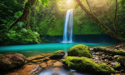 Waterfall hidden in the tropical jungle, amazing nature