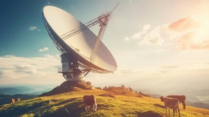 The space communications antenna stands on a hill. Animals graze in the pasture around the antenna.