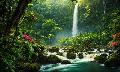 Fototapeta na wymiar Waterfall hidden in the tropical jungle, amazing nature