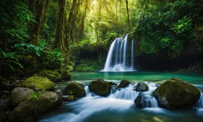 Tuinposter Waterfall hidden in the tropical jungle, amazing nature © Dompet Masa Depan