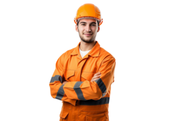 Smart young engineer building or constructor worker with safety uniform, vest and safety hat isolated on transparent background, planning project.