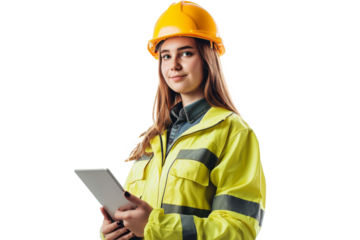Smart young engineer building or constructor worker with safety uniform, vest and safety hat isolated on transparent background, planning project.