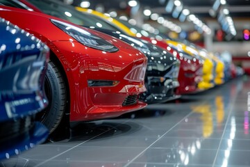 A dazzling array of sleek, high-performance sports cars in a red-lit showroom, showcasing the latest in automotive design and cutting-edge technology