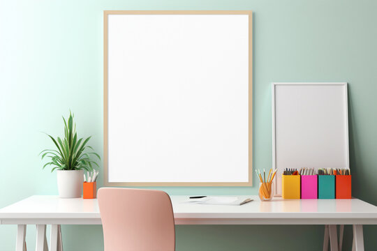 A captivating image of an office interior with a blank white empty frame, showcasing minimalistic details, mockup aesthetics, and a lively array of simple, colorful tones.