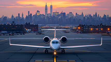 Private jet on the runway with city in the background. generative ai