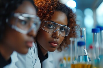 A group of female students doing chemistry lab class with eye protection and test tubes, Generative AI. - obrazy, fototapety, plakaty