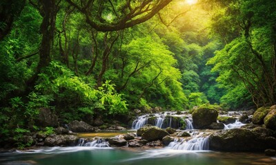 Obraz premium River deep in mountain forest, amazing nature