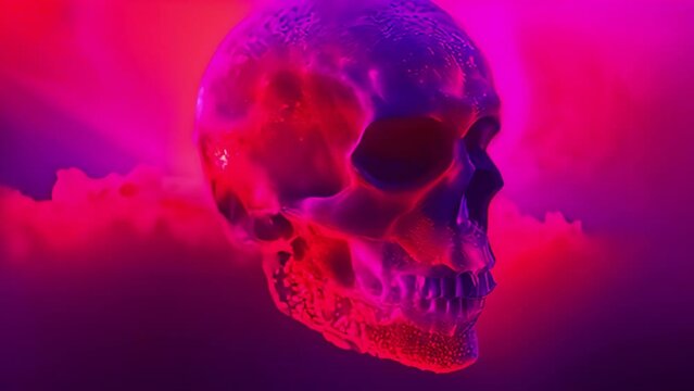 Neon synthwave skull exploding neon lights with smoke moving around. 4k video colorful effect