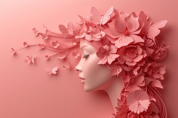 Profile woman with a Blossoming Paper Flower Crown on a Pastel Pink Background