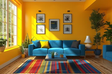 Sunny Yellow Living Room with Blue Sofa and Lively Plant Decorations
