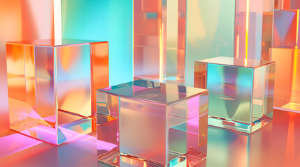 abstract background of glass cuboids with bright pastel colorful light